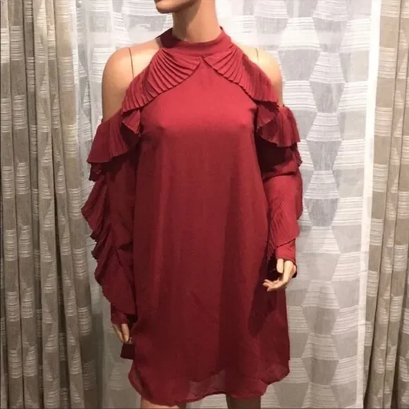 Solid Pleat Ruffle Trim Cold Shoulder Top                  - Picture 2 of 4